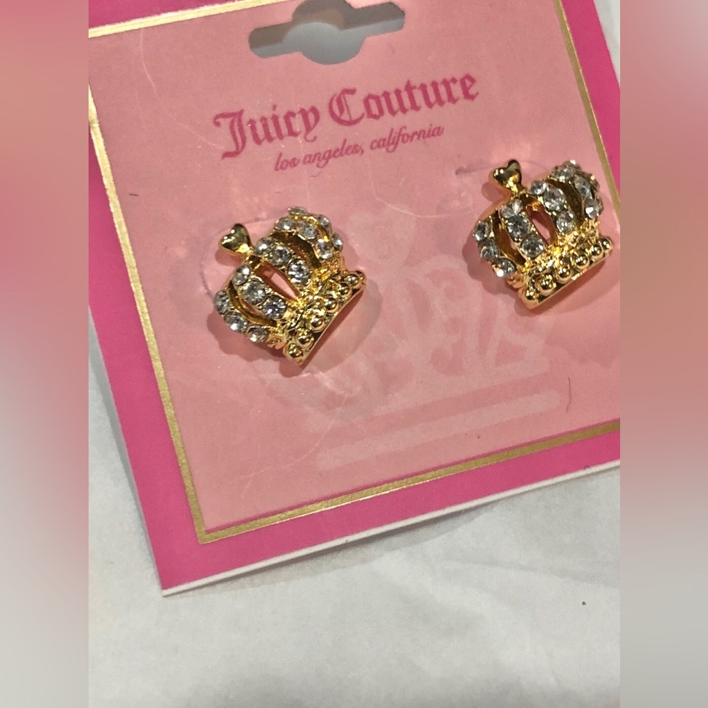Juicy Couture gold tone crystal cz pave crown shaped stud earrings new‎
